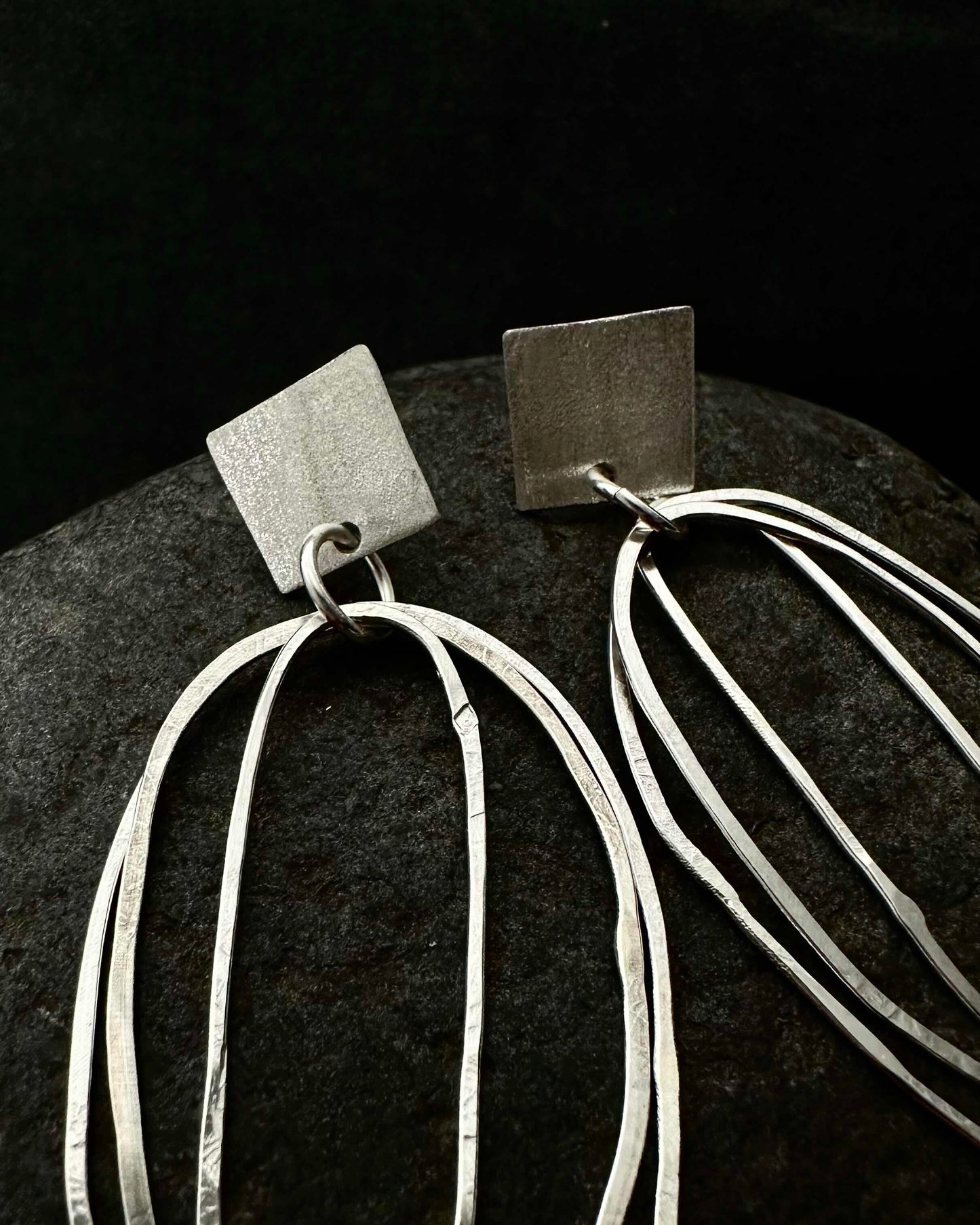 Sculptural Silver Drop Hoop Earrings • Minimalist Statement Design