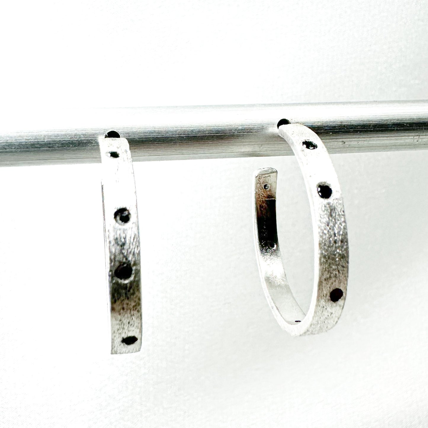 Textured Sterling Silver Hoops with Black Diamonds