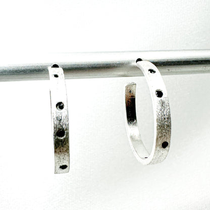 Textured Sterling Silver Hoops with Black Diamonds