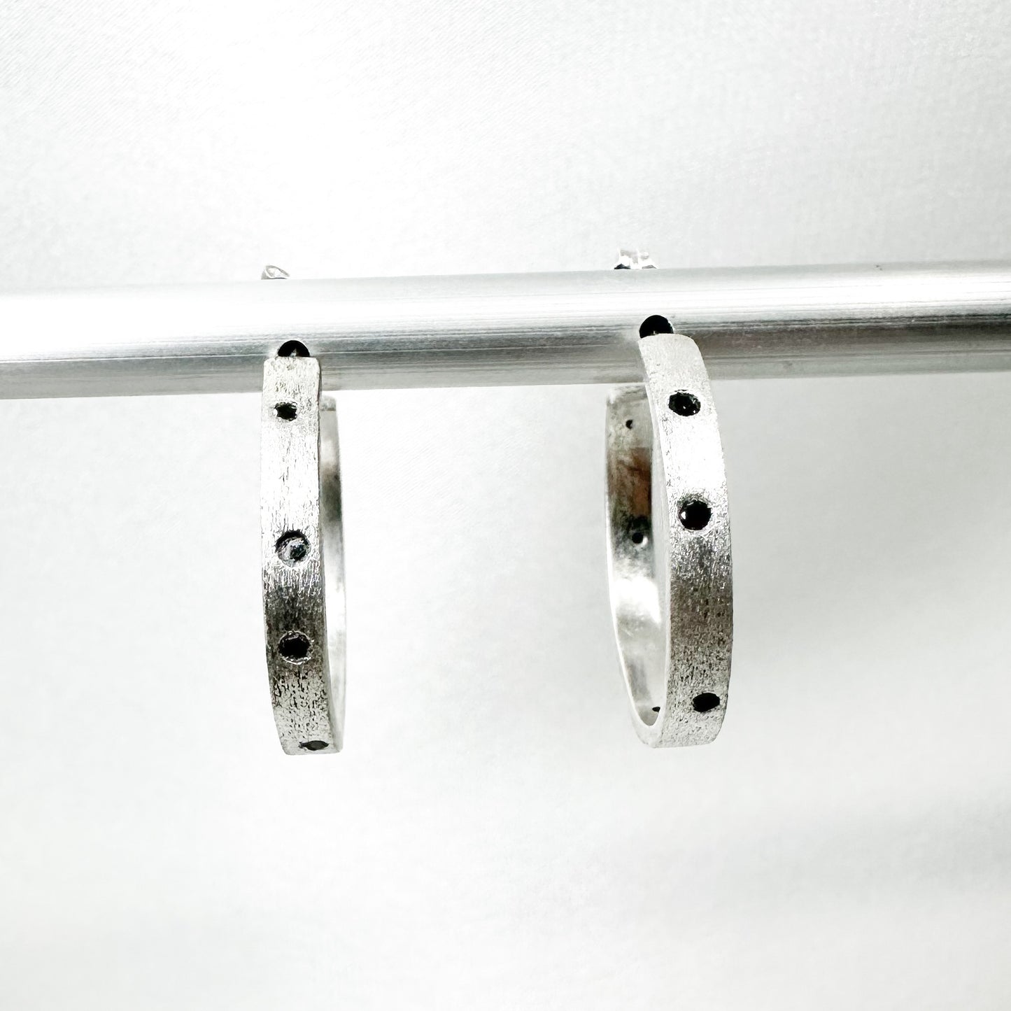 Textured Sterling Silver Hoops with Black Diamonds