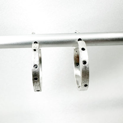 Textured Sterling Silver Hoops with Black Diamonds