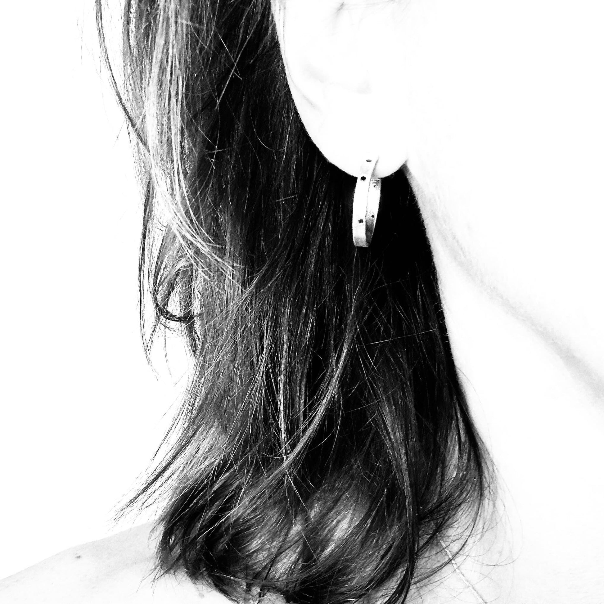 Textured Sterling Silver Hoops with Black Diamonds