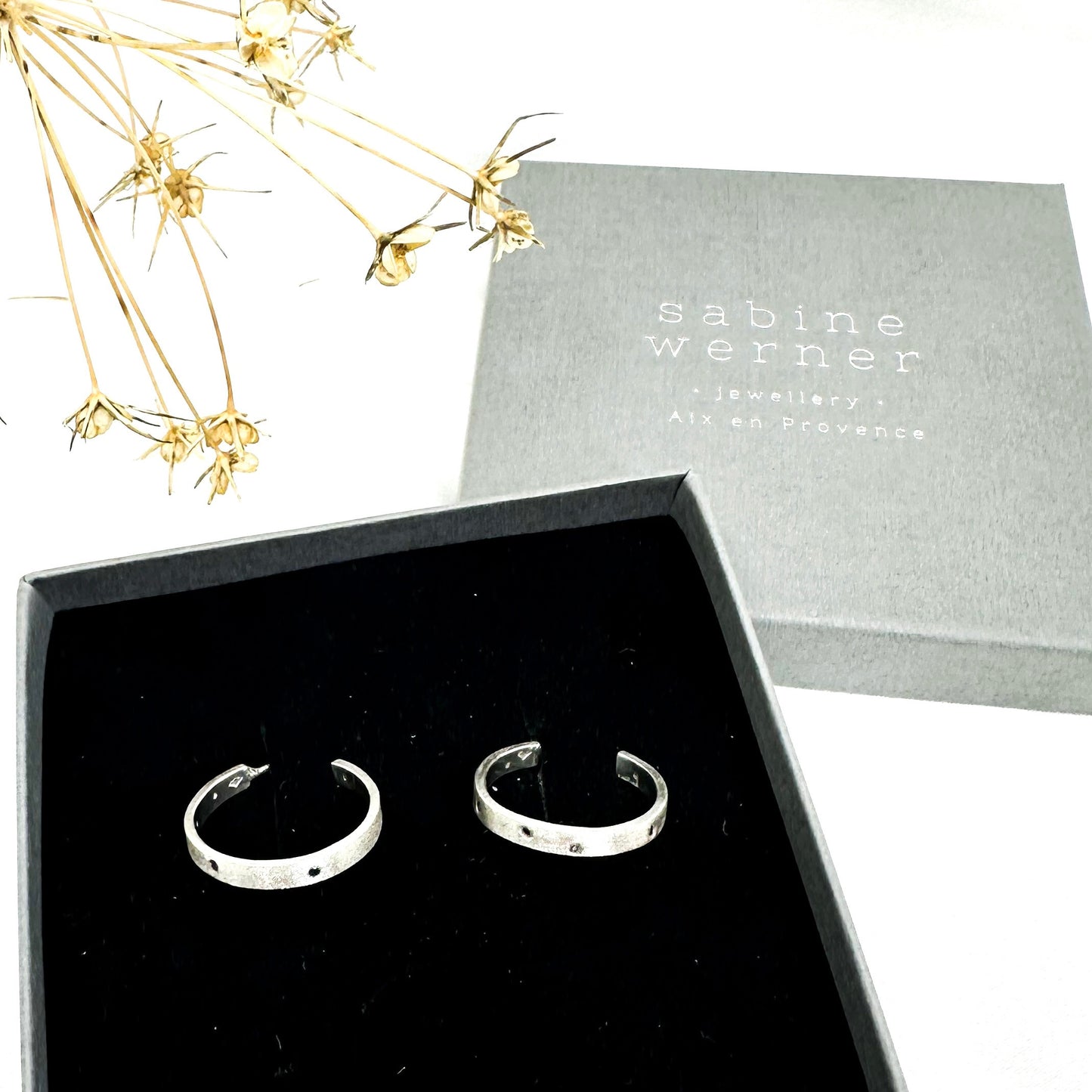 Textured Sterling Silver Hoops with Black Diamonds