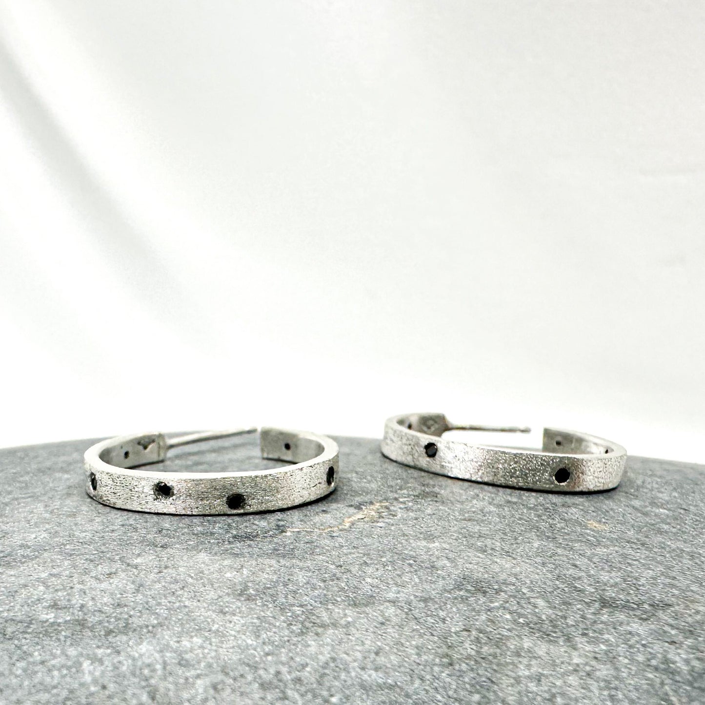 Textured Sterling Silver Hoops with Black Diamonds