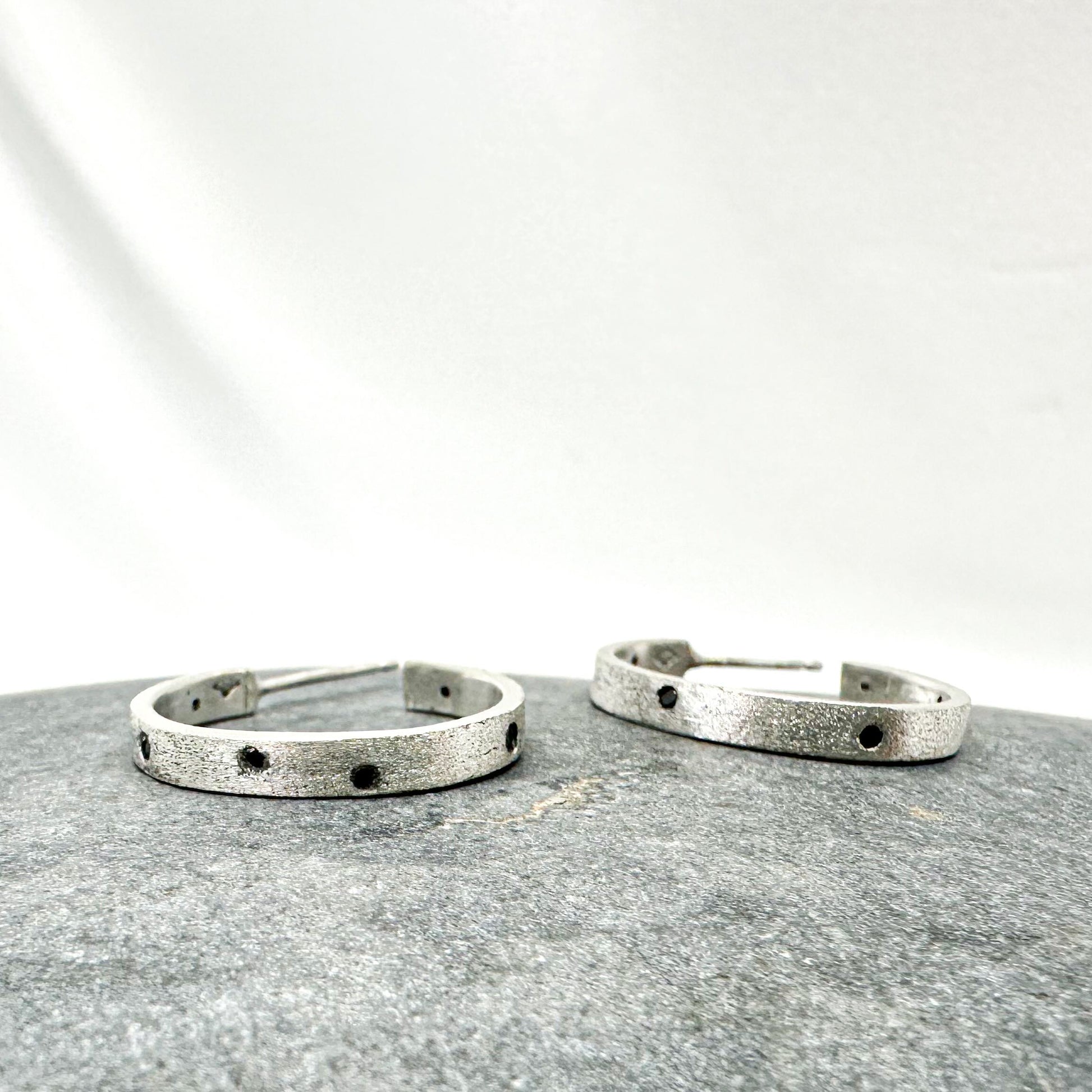 Textured Sterling Silver Hoops with Black Diamonds