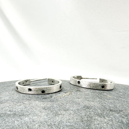 Textured Sterling Silver Hoops with Black Diamonds