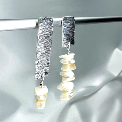Textured Silver Earrings with Vintage Mother-of-Pearl Chips