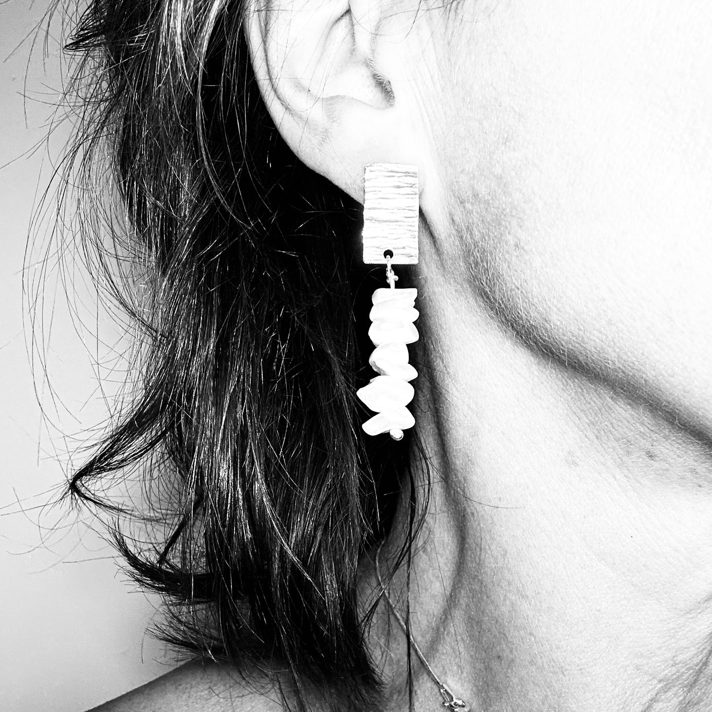Textured Silver Earrings with Vintage Mother-of-Pearl Chips