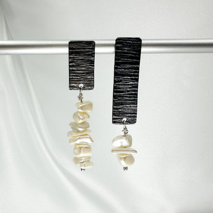 Textured blackened Silver Earrings with Vintage Mother-of-Pearl Chips