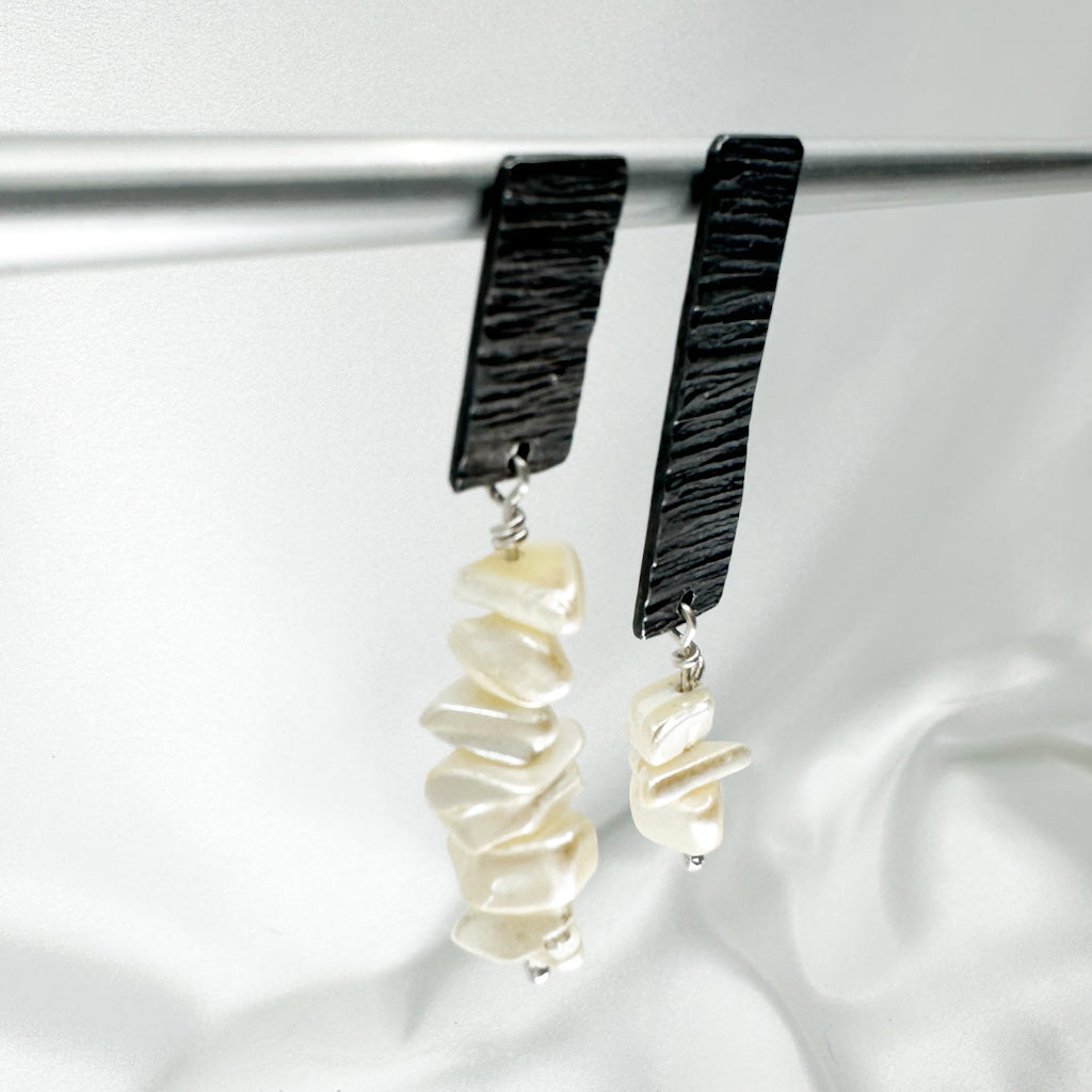 Textured blackened Silver Earrings with Vintage Mother-of-Pearl Chips