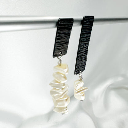 Textured blackened Silver Earrings with Vintage Mother-of-Pearl Chips