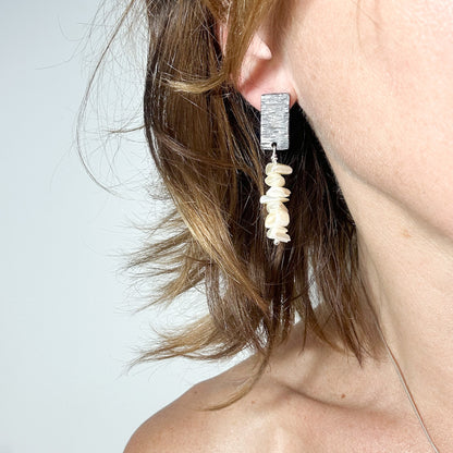 Textured blackened Silver Earrings with Vintage Mother-of-Pearl Chips