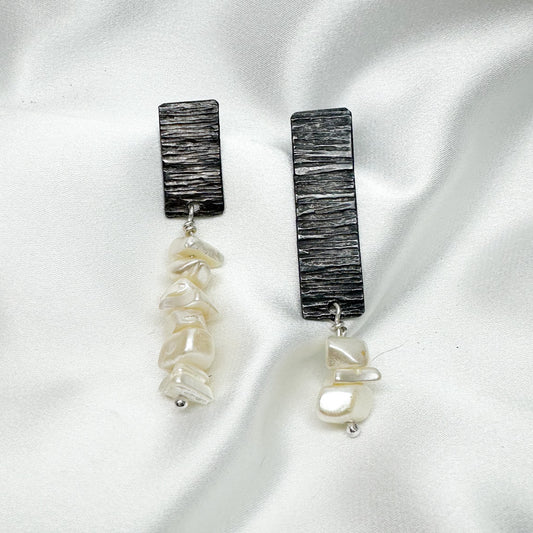 Textured blackened Silver Earrings with Vintage Mother-of-Pearl Chips