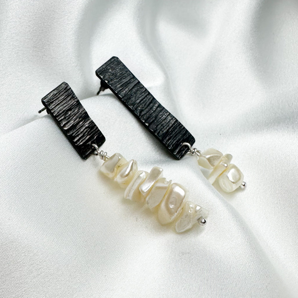 Textured blackened Silver Earrings with Vintage Mother-of-Pearl Chips