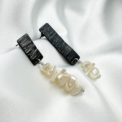 Textured blackened Silver Earrings with Vintage Mother-of-Pearl Chips