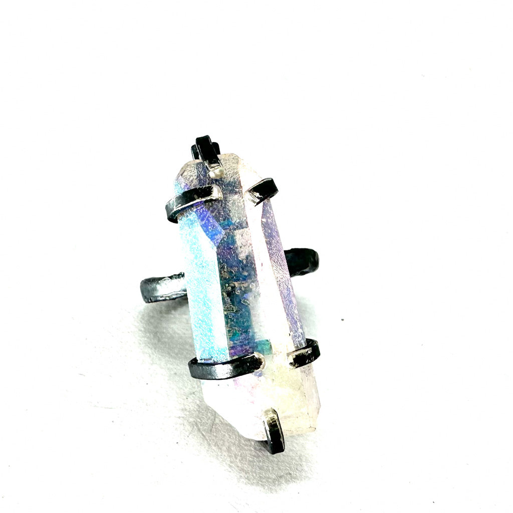 Angel Aura Quartz Ring in Oxidised Sterling Silver, Handmade Size 56
