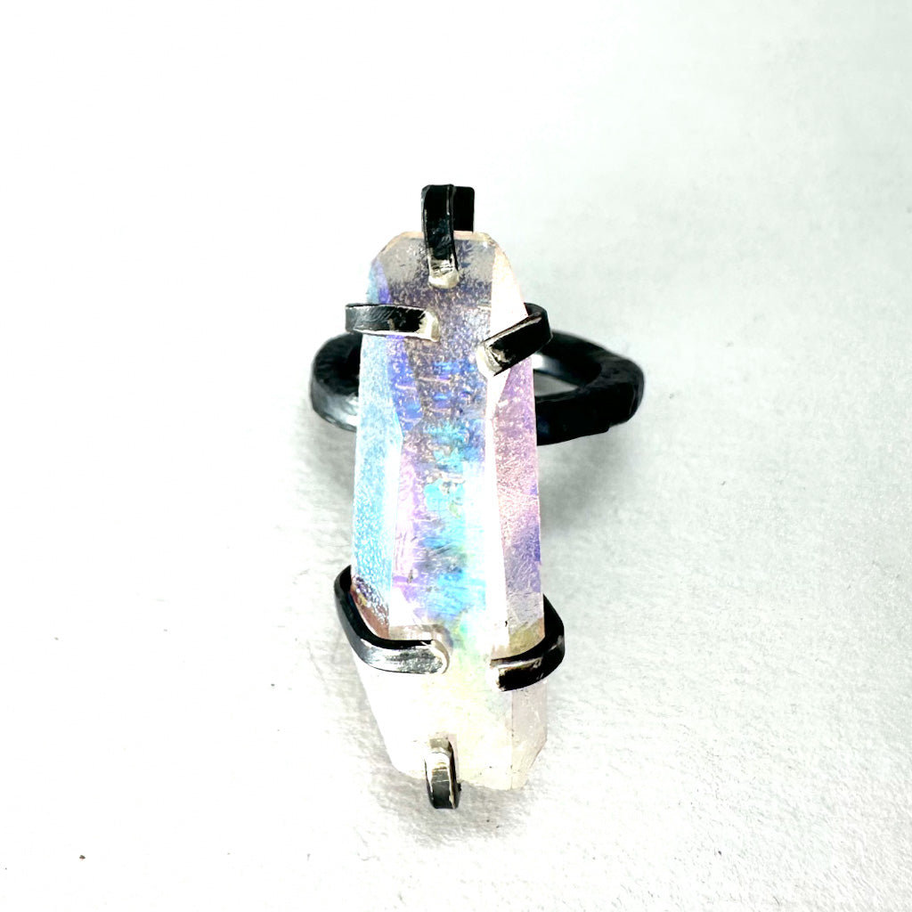 Angel Aura Quartz Ring in Oxidised Sterling Silver, Handmade Size 56