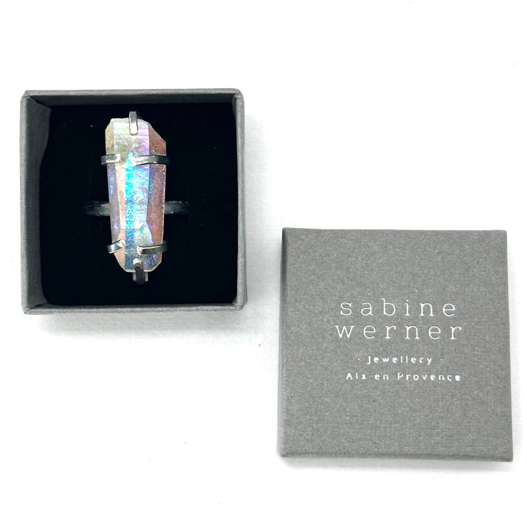 Angel Aura Quartz Ring in Oxidised Sterling Silver, Handmade Size 56