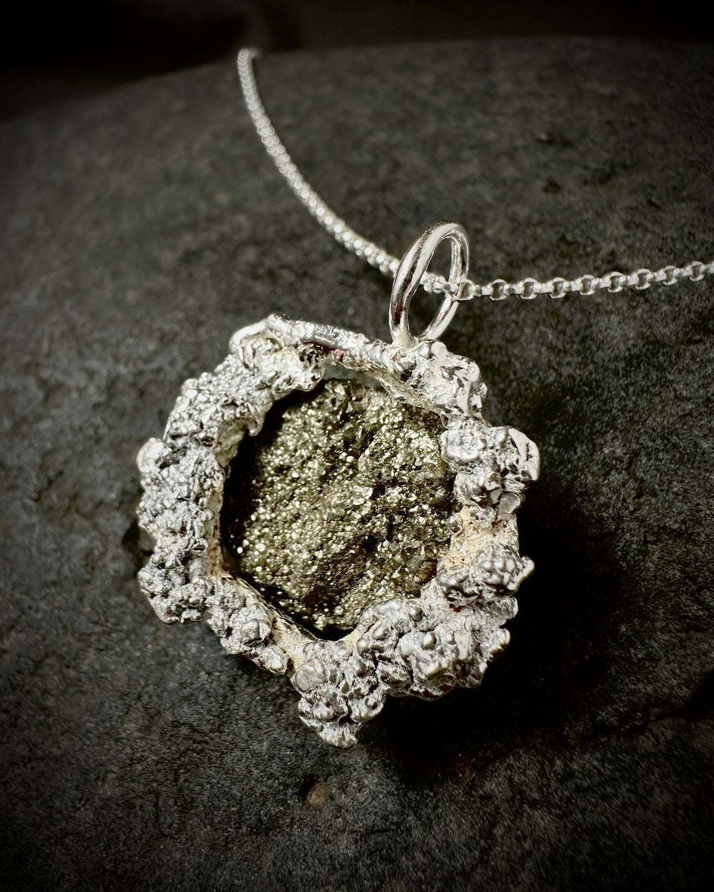 Molten Silver and Pyrite Pendant Necklace from Sabine Werner Jewellery.