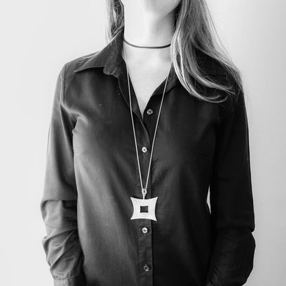 long minimalist statement chain necklace with silver square pendant in 925 eco sterling silver