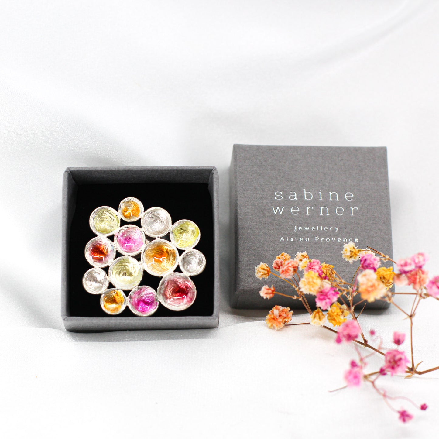 Big Flower Ring in Sterling Silver, coated with red, yellow, orange resin
