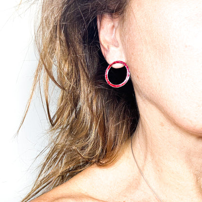 dark pink red circle stud earrings