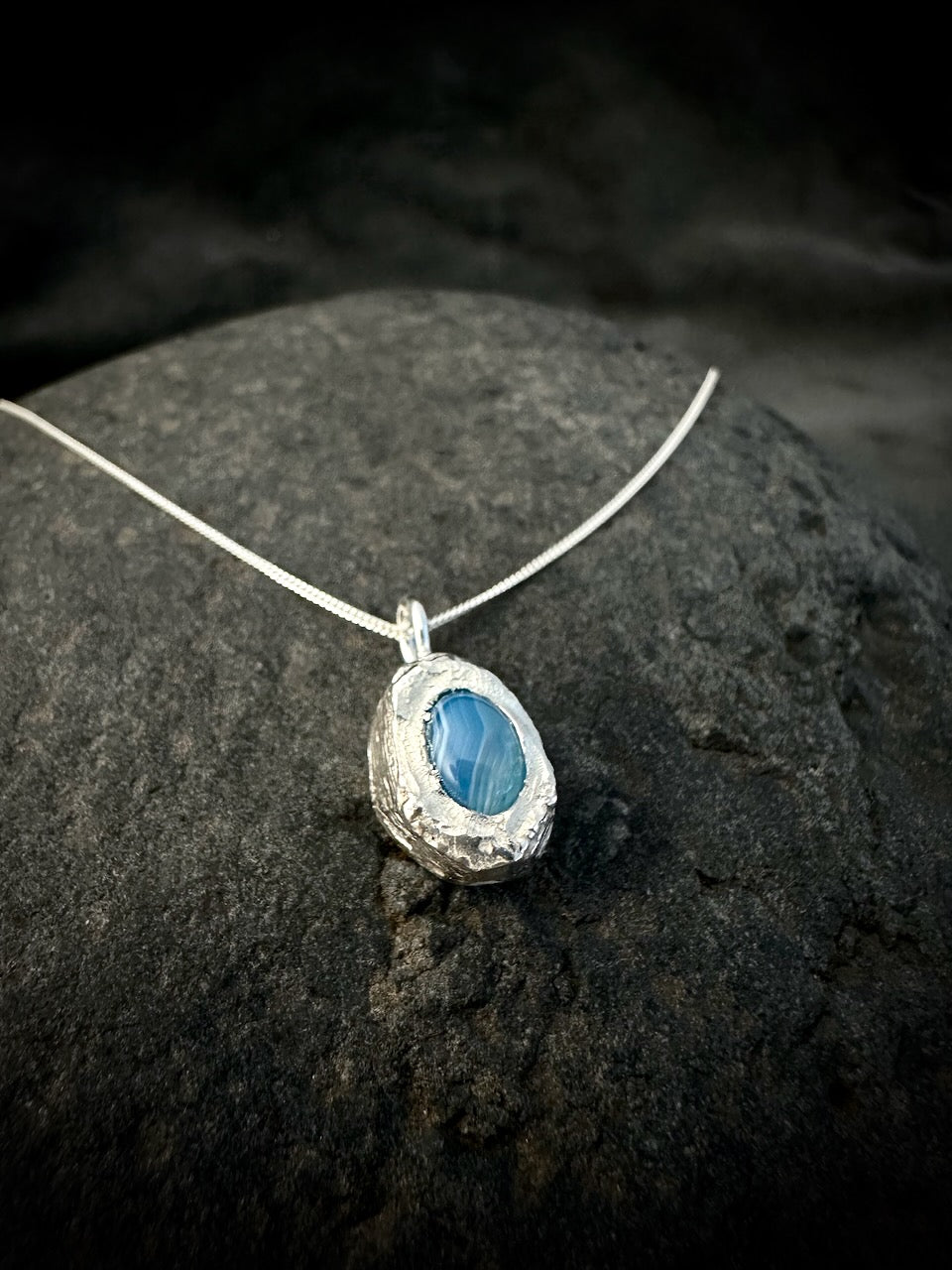 Blue agate pendant necklace on sterling silver chain natural stone minimalist jewellery
