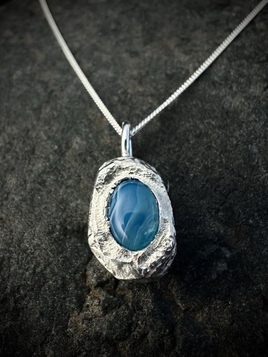 blue agate pendant necklace sterling silver handmade minimalist jewellery