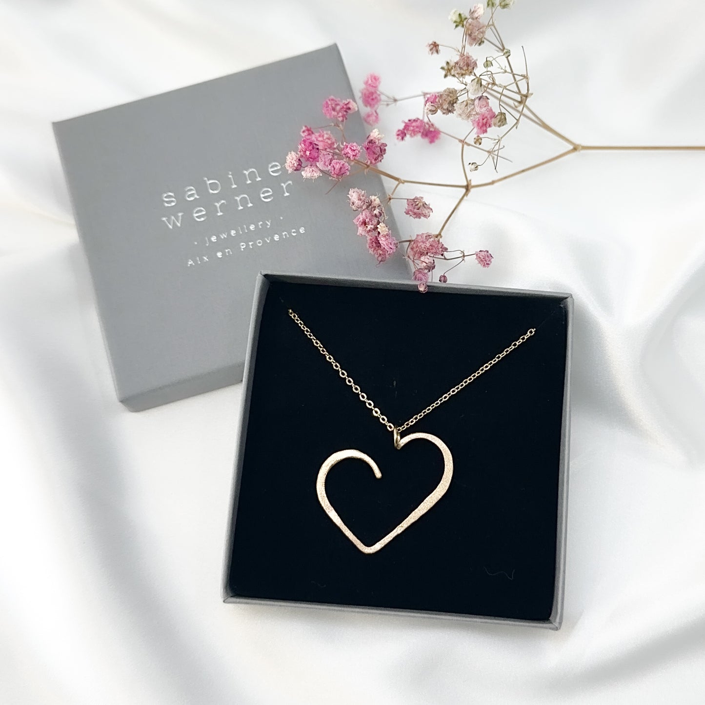 Gold-plated open heart pendant necklace in sterling silver, handmade minimalist jewellery
