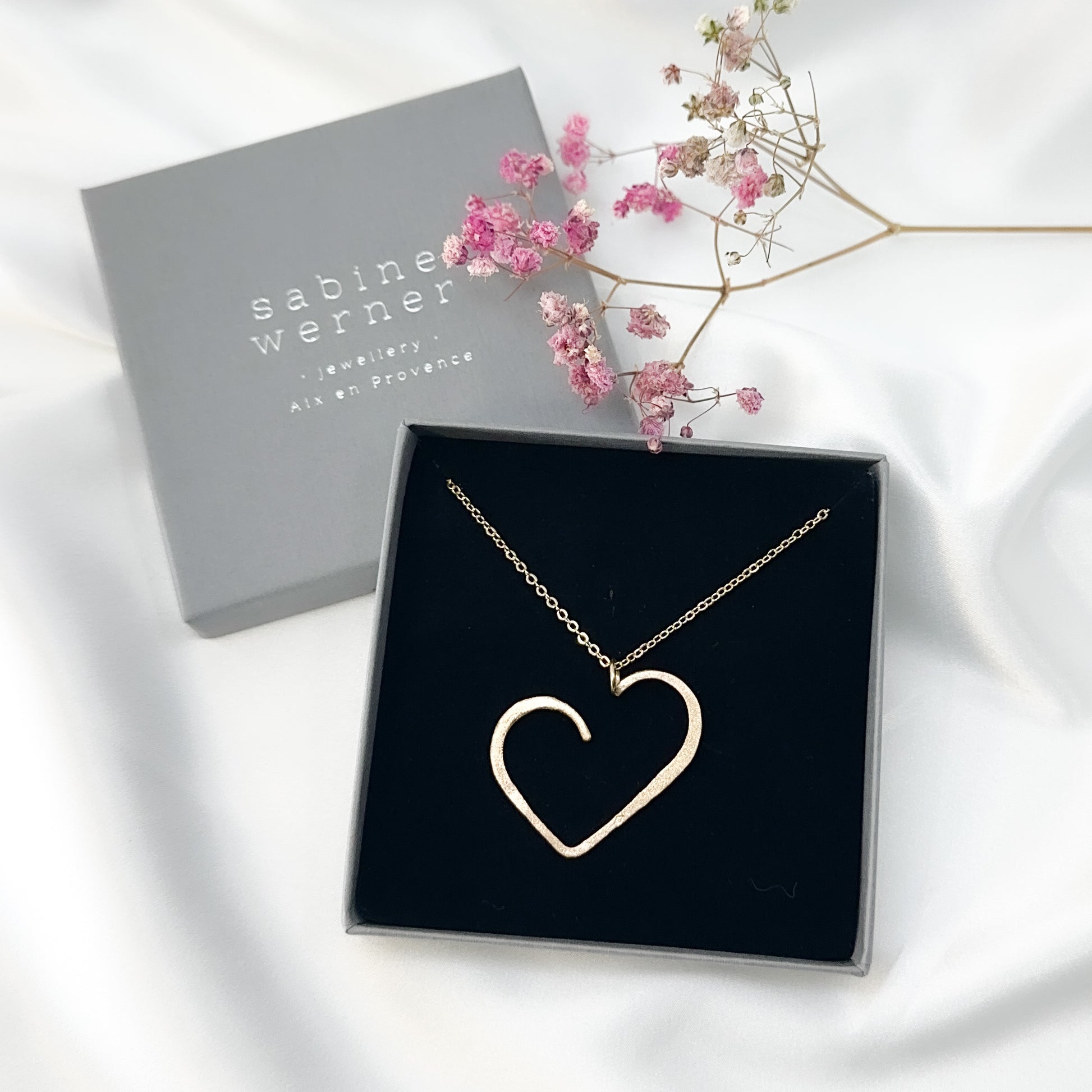 Gold-plated open heart pendant necklace in sterling silver, handmade minimalist jewellery