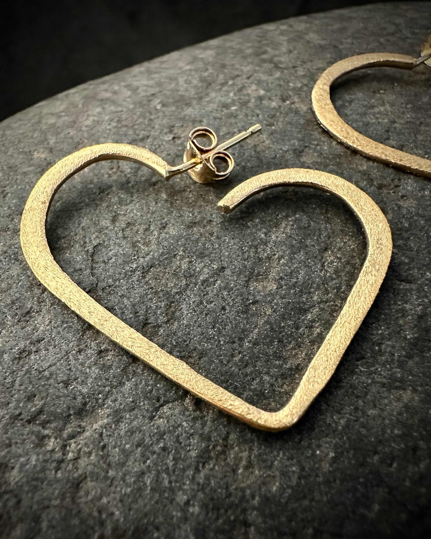 Textured gold-plated open heart stud earrings handmade in sterling silver