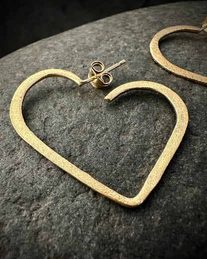 Textured gold-plated open heart stud earrings handmade in sterling silver