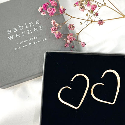 Gold-plated open heart stud earrings in 925 sterling silver, minimalist handmade jewellery