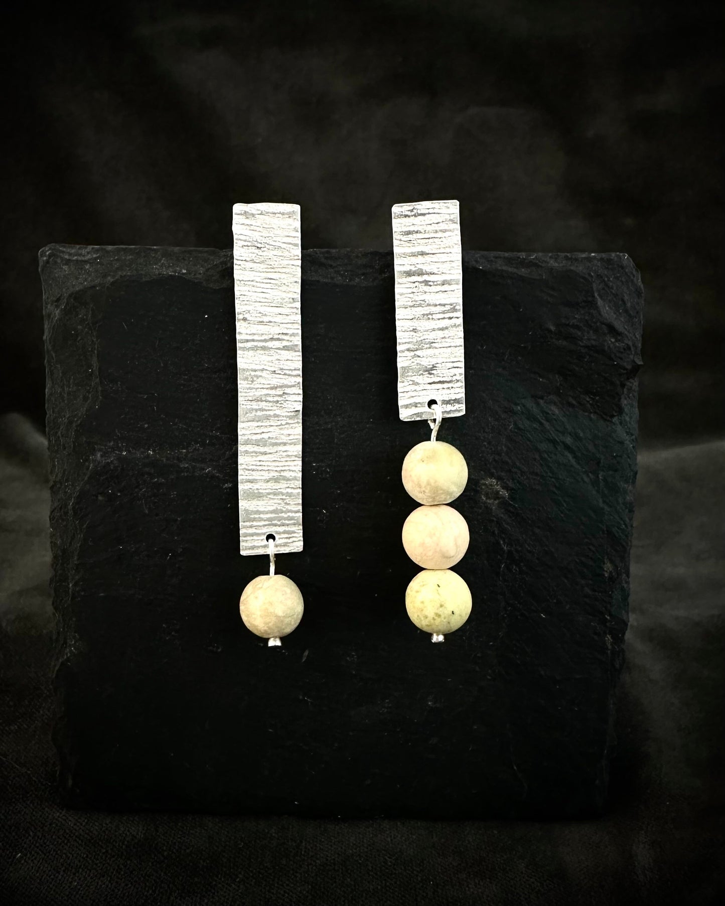 One-of-a-kind hammered sterling silver drop earrings with natural jade beads