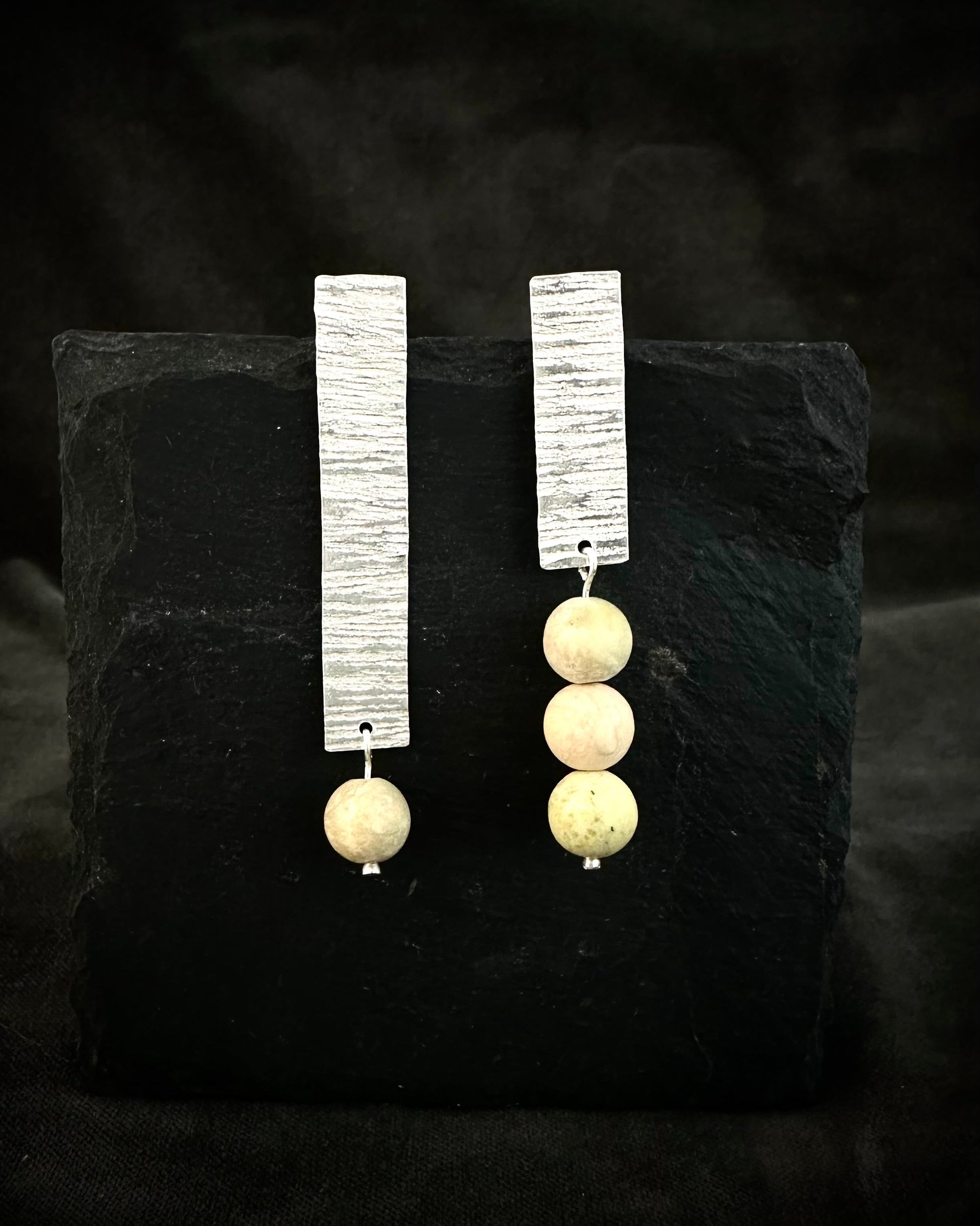 One-of-a-kind hammered sterling silver drop earrings with natural jade beads