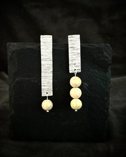 One-of-a-kind hammered sterling silver drop earrings with natural jade beads