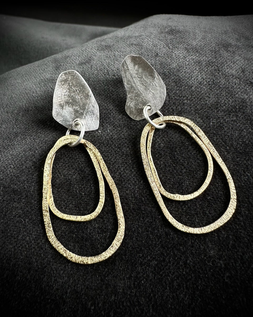 Hammered Silver Studs with Gold Hoop Drops