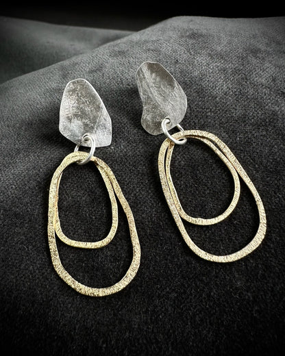 Hammered Silver Studs with Gold Hoop Drops