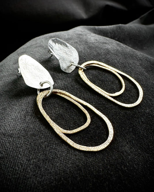 Hammered Silver Studs with Gold Hoop Drops