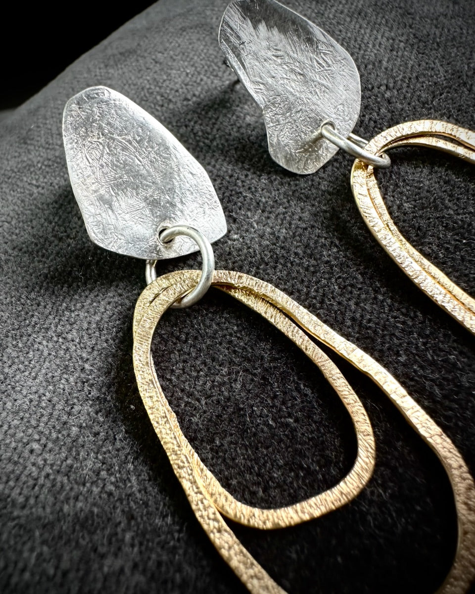 Hammered Silver Studs with Gold Hoop Drops