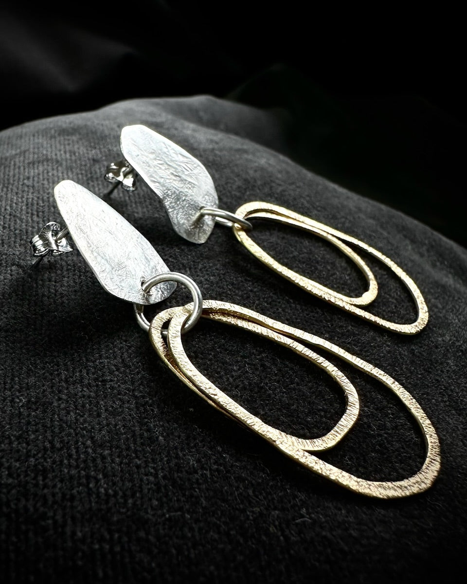 Hammered Silver Studs with Gold Hoop Drops