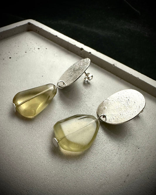 Lemon Quartz Drop Earrings in Textured Sterling Silver – One of a Kind
