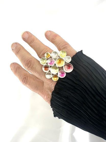 Big Flower Ring in Sterling Silver, coated with red, yellow, orange resin