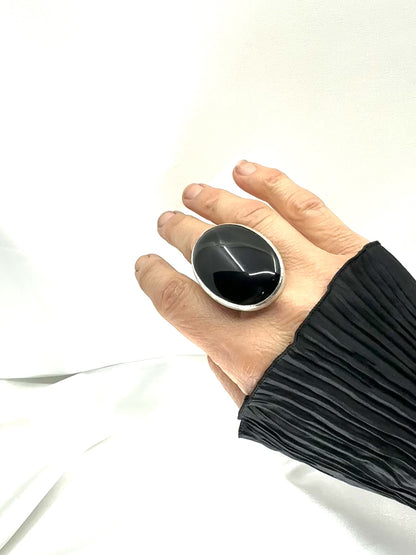 Black Onyx Cocktail Ring in Sterling Silver, size US 8, EU 57, UK P1/2