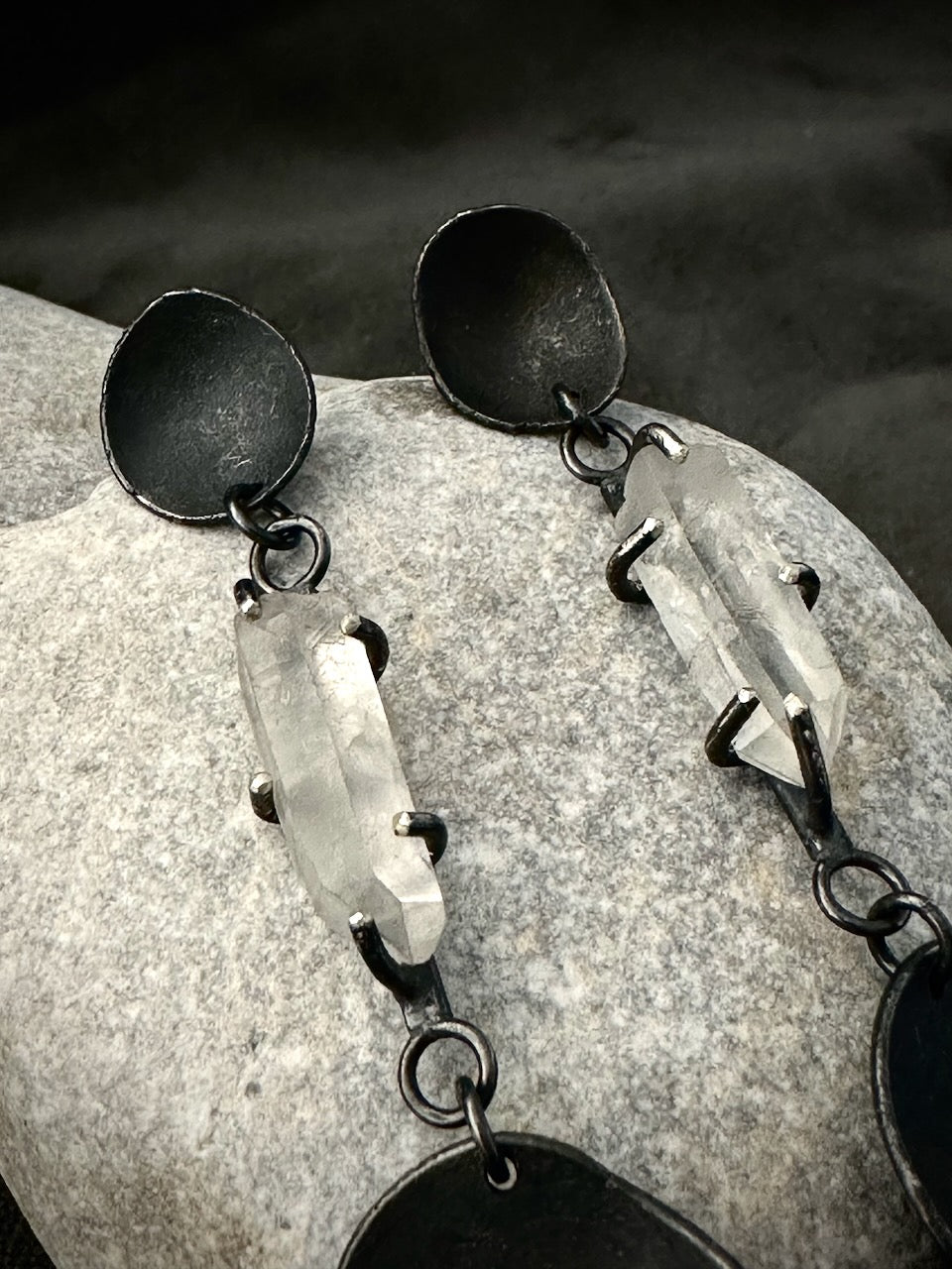 Raw clear quartz crystal claw set in oxidised sterling silver earrings