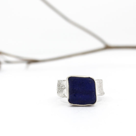 rare blue French sea glass silver statement ring in 925 eco sterling silver