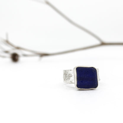 rare blue French sea glass silver statement ring in 925 eco sterling silver