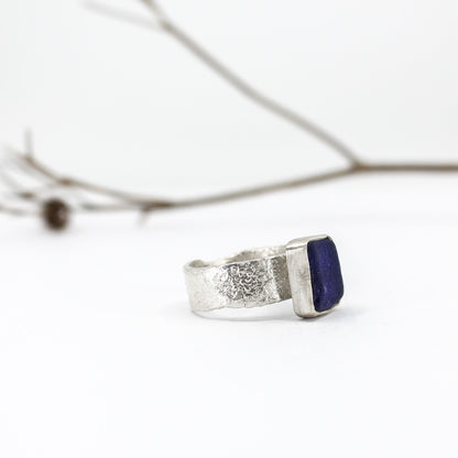 rare blue French sea glass silver statement ring in 925 eco sterling silver