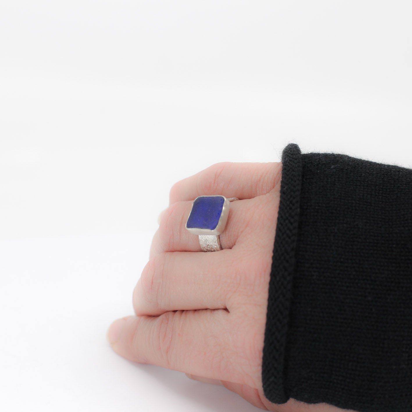 rare blue French sea glass silver statement ring in 925 eco sterling silver