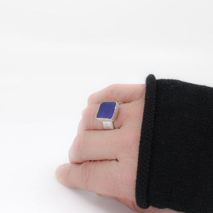 rare blue French sea glass silver statement ring in 925 eco sterling silver